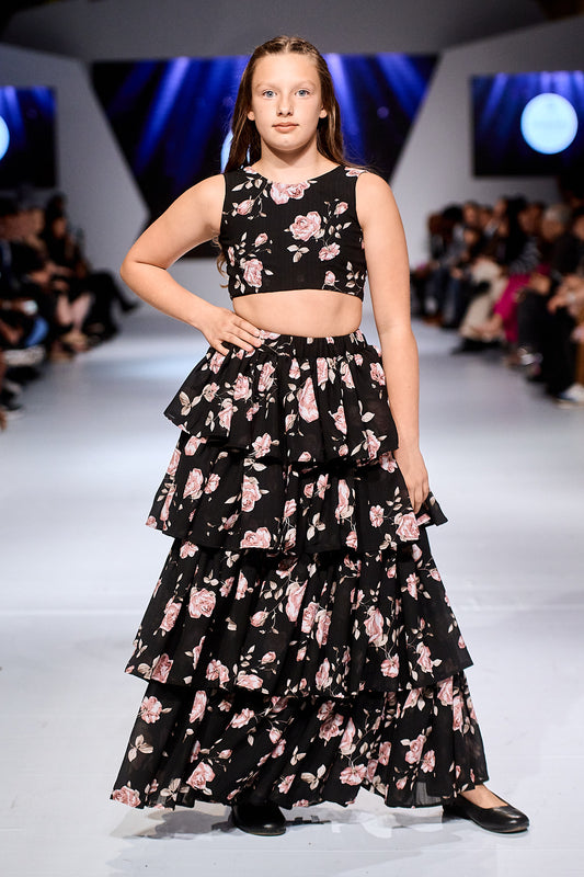 Sweet Rose Ruffle Skirt & Top in black ( Lengha Version )